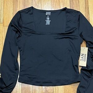 Black polyester dress shirt.